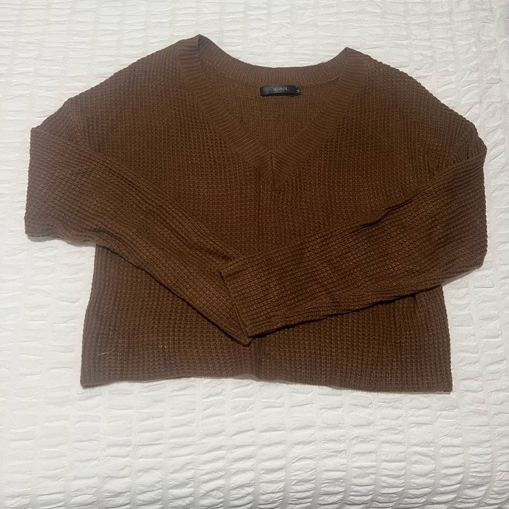 MIROL Women's Waffle Knit Cropped V Neck Pullover Sweater - Size Small